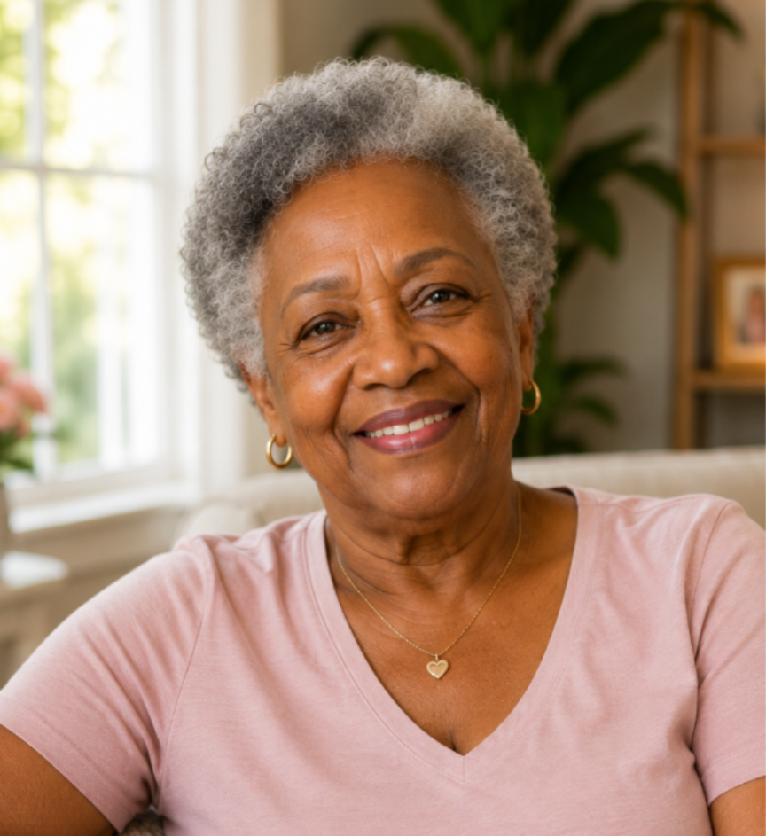 Senior woman smiling warmly at home